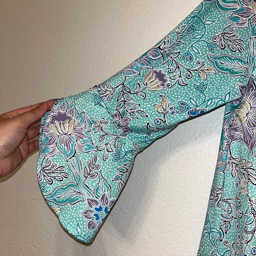 Ruby Rd. Aqua Floral V-Neck Ruffle Sleeve Blouse - Picture 2 of 6
